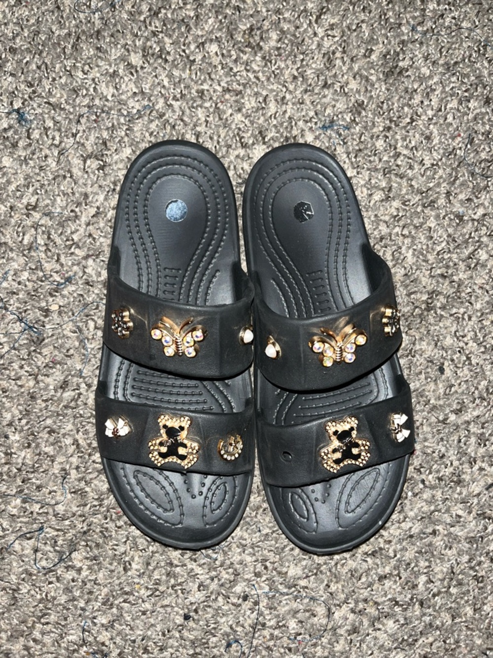 Black Embellished Slide Sandals with Gold Accents